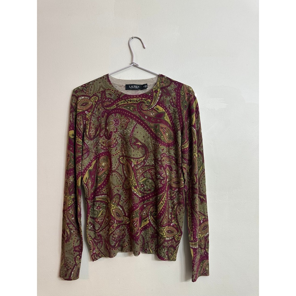 Lauren Ralph Lauren Paisley Crewneck Sweater Fall Olive Burgundy Knit M Academia